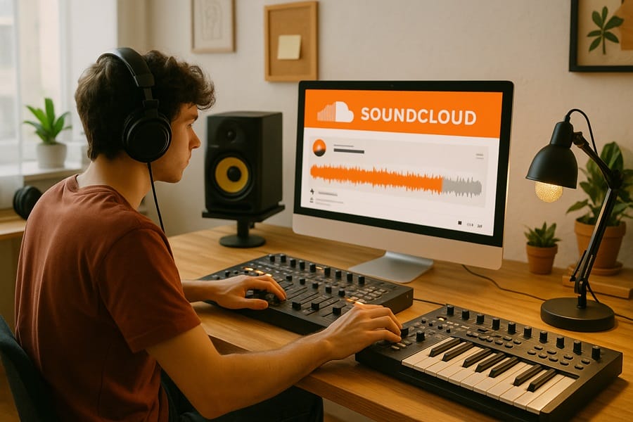 Nghệ sĩ âm nhạc sử dụng SoundCloud Artist Pro trong studio sáng tạo