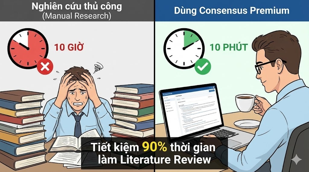 Hình ảnh so sánh 10 giờ đọc tài liệu thủ công và 10 phút sử dụng Consensus AI để tổng hợp
