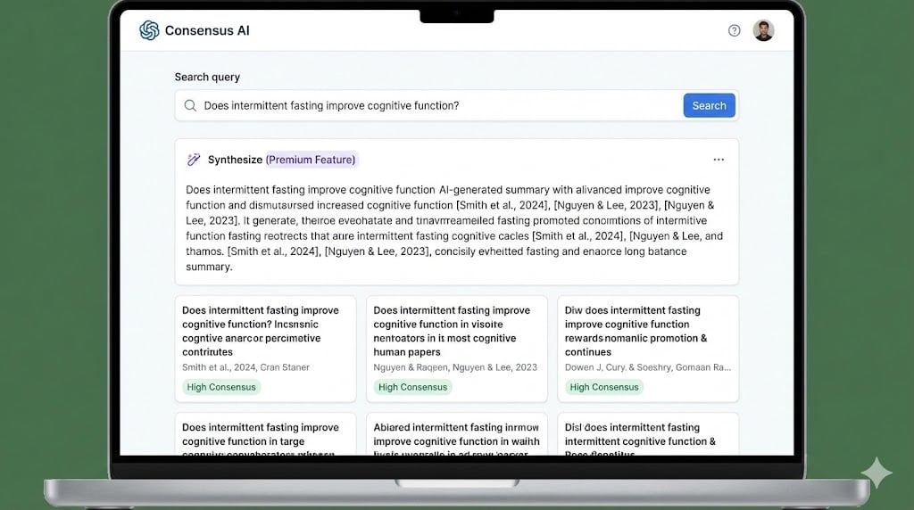 Giao diện Consensus AI hiển thị kết quả tóm tắt tổng hợp (Synthesize) từ nhiều bài báo khoa học