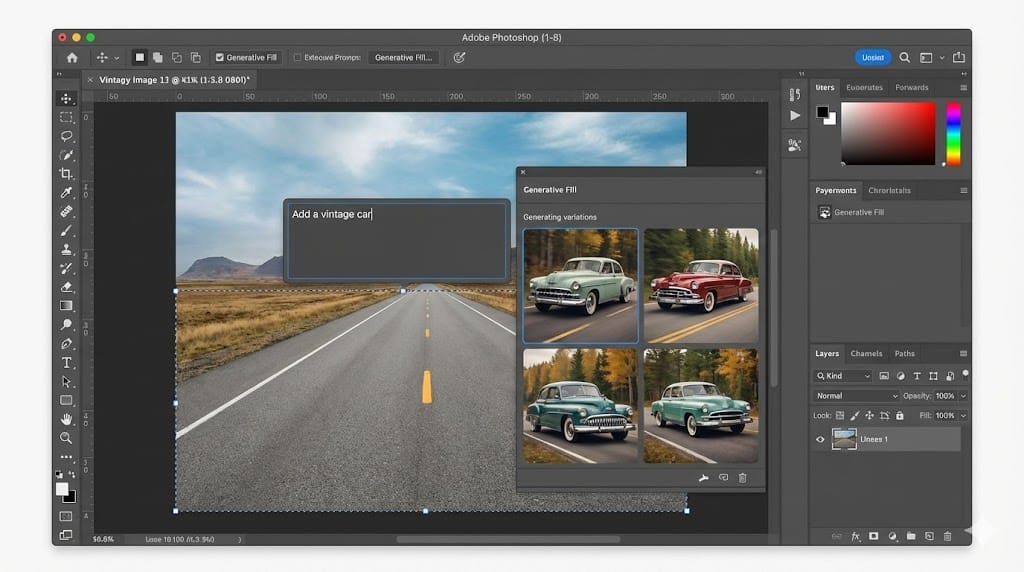 Minh họa tính năng Generative Fill trong Photoshop trên tài khoản Adobe bản quyền giá rẻ 