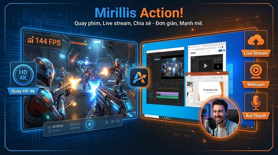 Các tính năng nổi bật của Mirillis Action! bao gồm quay HD 4K, live stream, webcam và âm thanh chất lượng cao