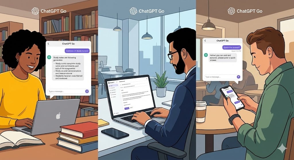 Ảnh minh họa các đối tượng sử dụng: Sinh viên đang học bài, nhân viên văn phòng đang làm việc với laptop, người dùng trên điện thoại