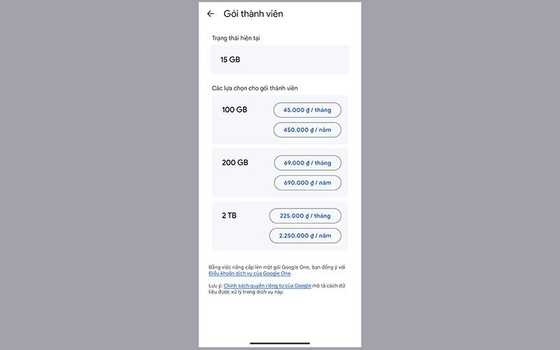 Google One là gì? Bảng giá Google One mới nhất năm 2026 13 Các gói dung lượng lưu trữ Google One trên ứng dụng