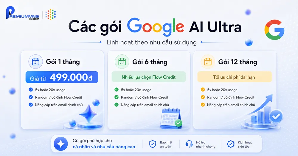 Các gói Google AI Ultra Các gói Google AI Ultra tại PremiumVNS gồm gói 1 tháng, 6 tháng và 12 tháng