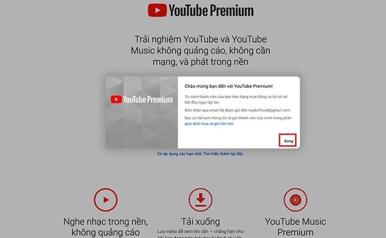 Đã hoàn thiện quá trình mua YouTube Premium trên máy tính