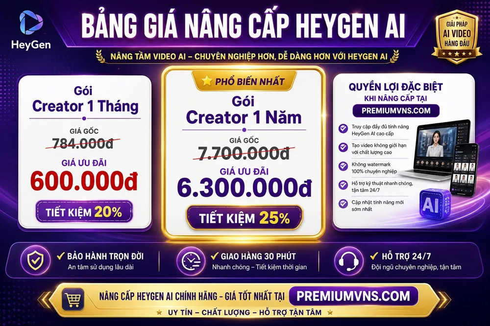 Bảng giá nâng cấp HeyGen Creator tại PremiumVNS