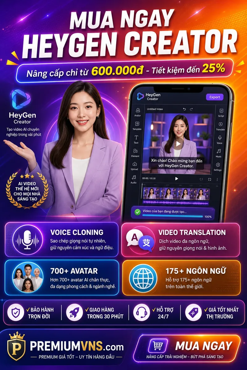 HeyGen Creator - Công cụ tạo video AI chuyên nghiệp với 700+ avatar, 175+ ngôn ngữ, chất lượng 1080p HD
