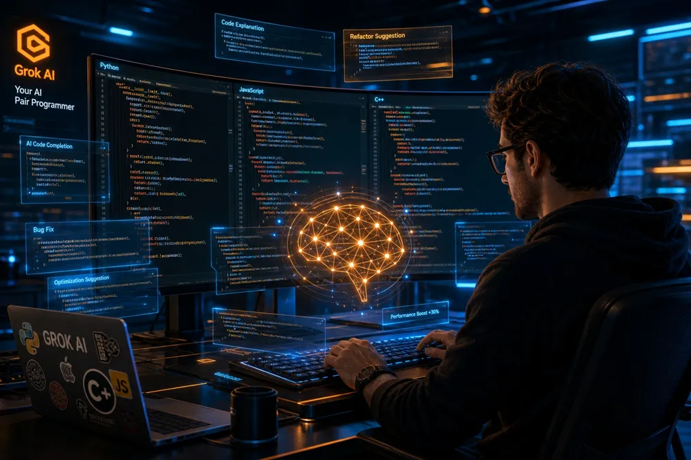 Lập trình viên sử dụng Super Grok AI để viết code Python, JavaScript, C++ với AI assistant holographic màu cam và xanh