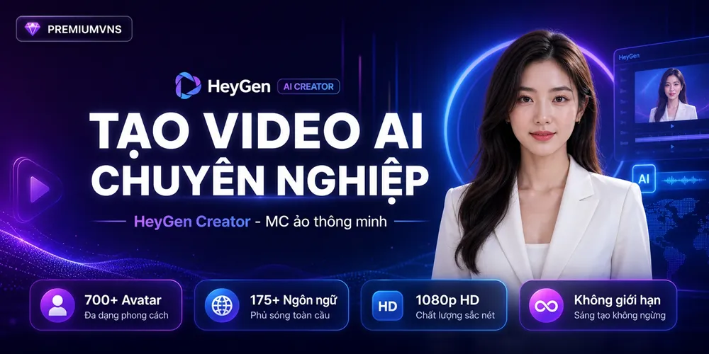 Mua HeyGen Creator tại PremiumVNS - Voice cloning, video translation, 700+ avatar, 175+ ngôn ngữ