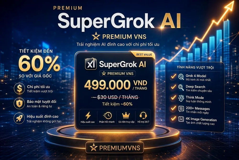 Bảng giá Super Grok AI tại PremiumVNS, tiết kiệm so với giá gốc 30 USD, hiển thị tính năng Grok 4, Deep Search, Think Mode