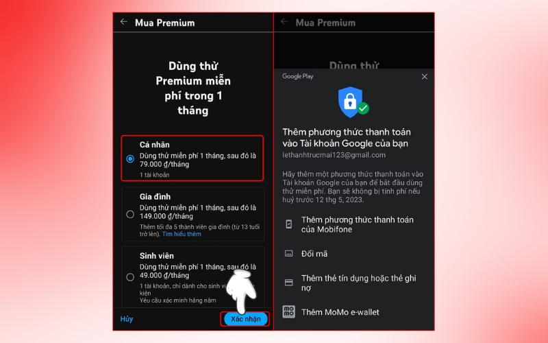 Nhấn xác nhận sau khi chọn gói phù hợp với nhu cầu