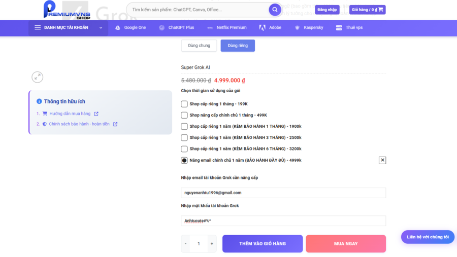 Hướng dẫn nâng cấp tài khoản Super Grok AI chính chủ tại Premium VNS bước 2