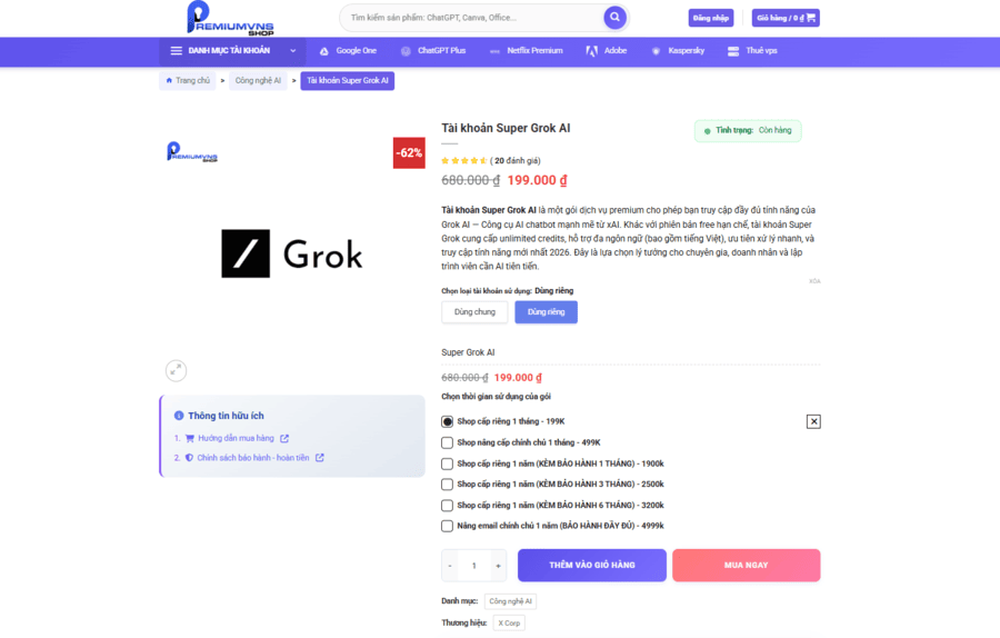 Hướng dẫn mua tài khoản Super Grok AI giá rẻ tại Premium VNS bước 2