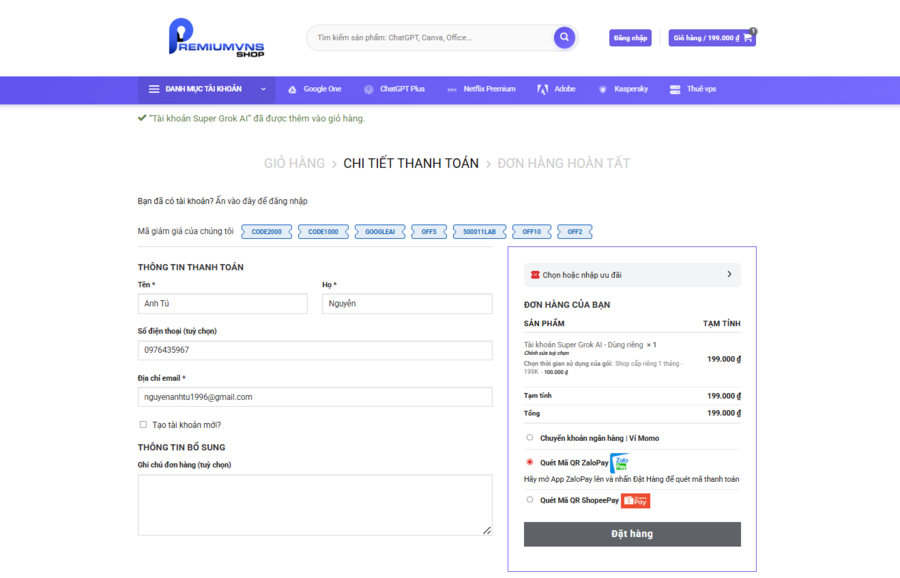 Hướng dẫn mua tài khoản Super Grok AI chính chủ tại Premium VNS bước 3