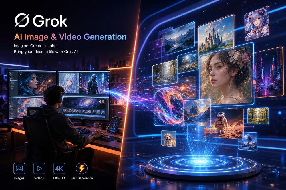 Tính năng tạo ảnh và video AI 4K của Super Grok AI, hiển thị workspace sáng tạo với các hình ảnh AI được tạo ra bởi Grok