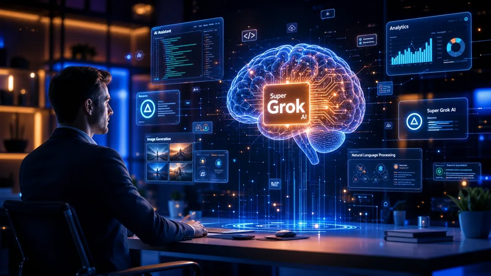 Giao diện Super Grok AI với công nghệ trí tuệ nhân tạo hiện đại, hiển thị bộ não AI holographic màu cam xanh và màn hình phân tích dữ liệu
