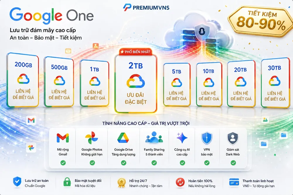Giá Google One tại PremiumVNS - Mua Google One 200GB, 2TB, 10TB giá rẻ Bảng giá Google One tại PremiumVNS từ 320k cho 200GB đến 7.5M cho 30TB, tiết kiệm 80-90% với Family Sharing và AI tools