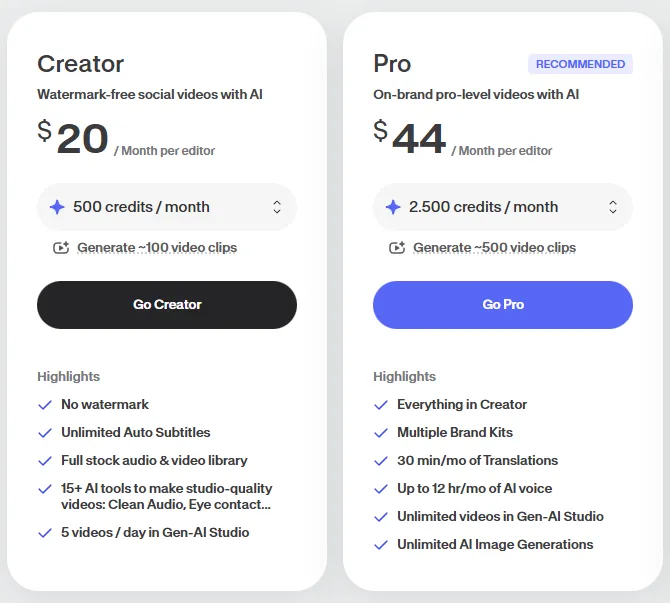Bảng giá gốc tài khoản veed trên trang chủ