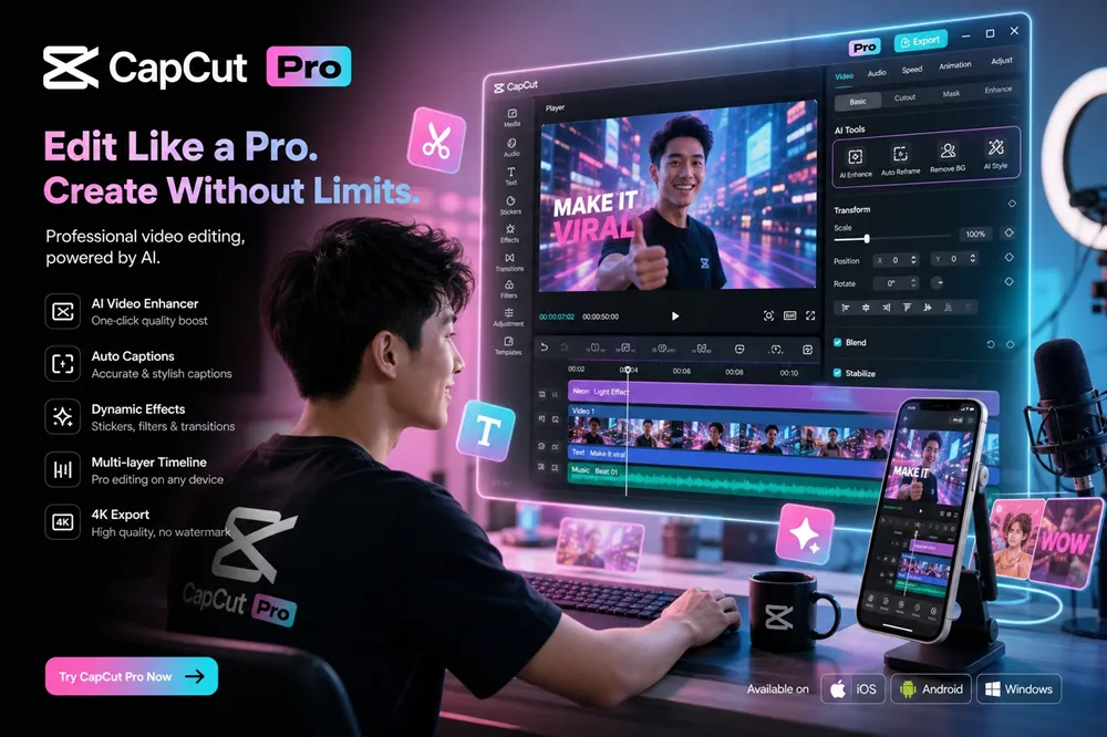 Giao diện CapCut Pro với công cụ chỉnh sửa video AI, timeline đa lớp, xuất 4K và hiệu ứng chuyên nghiệp trên mobile và desktop