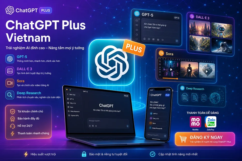 Giao diện ChatGPT Plus cao cấp hiển thị trên laptop và smartphone với các tính năng GPT-5, DALL-E 3, Sora và Deep Research, thanh toán qua MoMo và ZaloPay tại Việt Nam