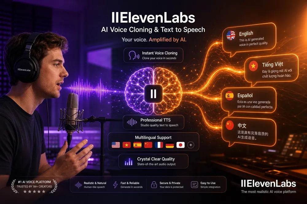 Giao diện ElevenLabs AI với công nghệ voice cloning và text-to-speech, hiển thị studio thu âm chuyên nghiệp với sóng âm thanh holographic màu tím cam