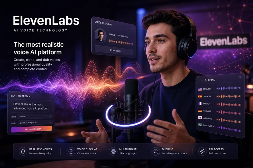 Tính năng nhân bản giọng nói và chuyển đổi đa ngôn ngữ của ElevenLabs AI với sóng âm thanh màu tím cam và hỗ trợ 70+ ngôn ngữ