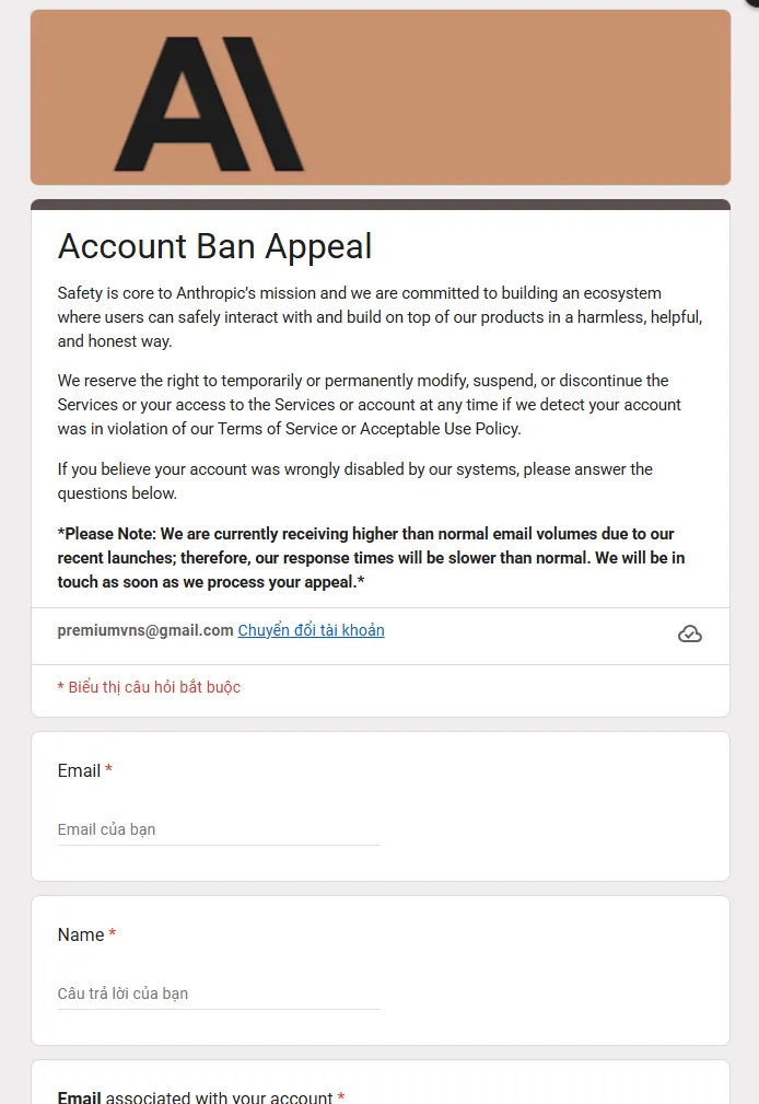 form kháng nghị tài khoản claude bị khóa