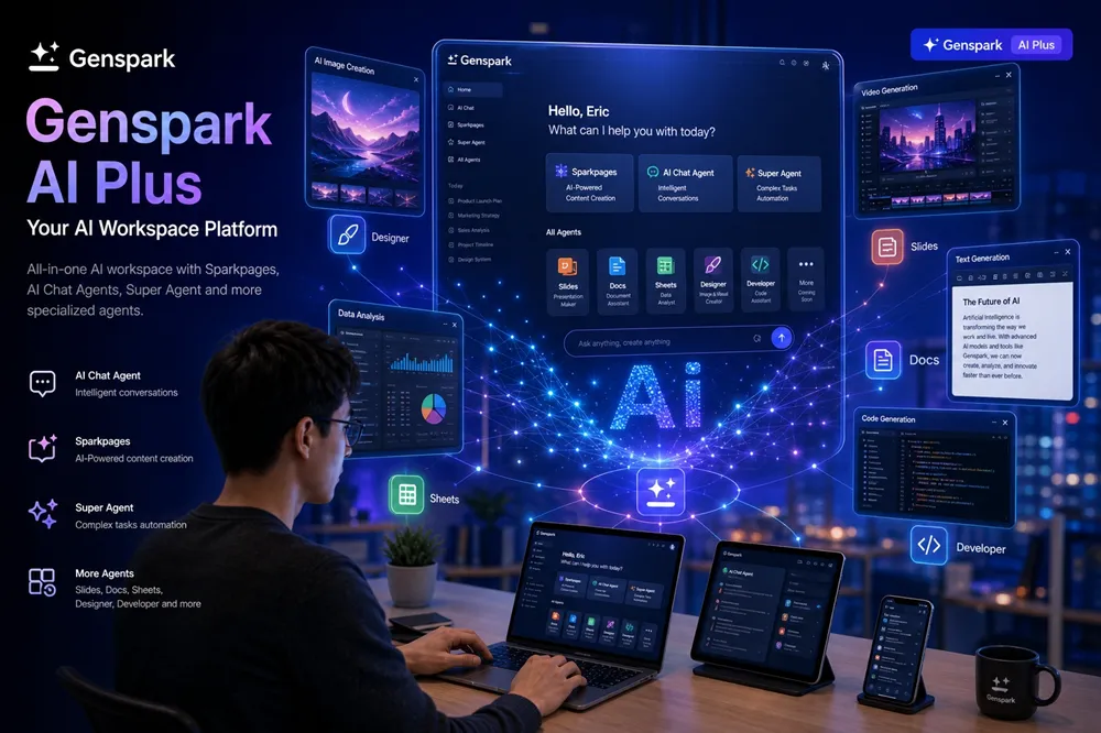 Giao diện Genspark AI Plus với đa agent workspace, Sparkpages, Super Agent, AI Chat và 8 specialized agents trên nhiều thiết bị