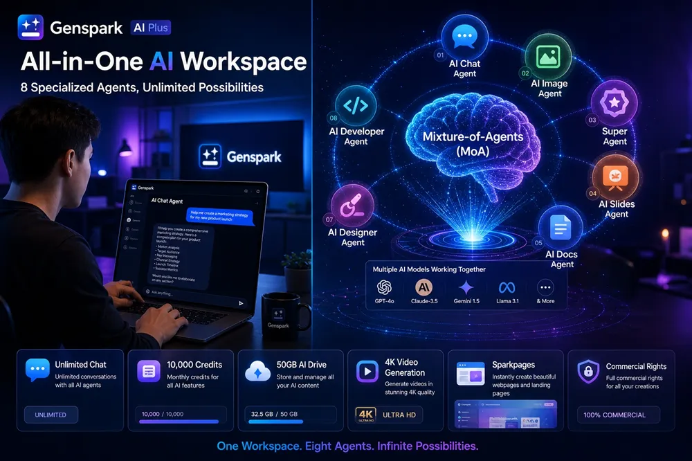 Hệ sinh thái 8 AI agents của Genspark Plus: Chat, Image, Super Agent, Slides, Docs, Sheets, Designer và Developer với công nghệ MoA