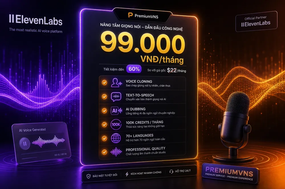 Bảng giá ElevenLabs AI tại PremiumVNS từ 99.000đ, hiển thị tính năng Voice Cloning, Text-to-Speech, AI Dubbing