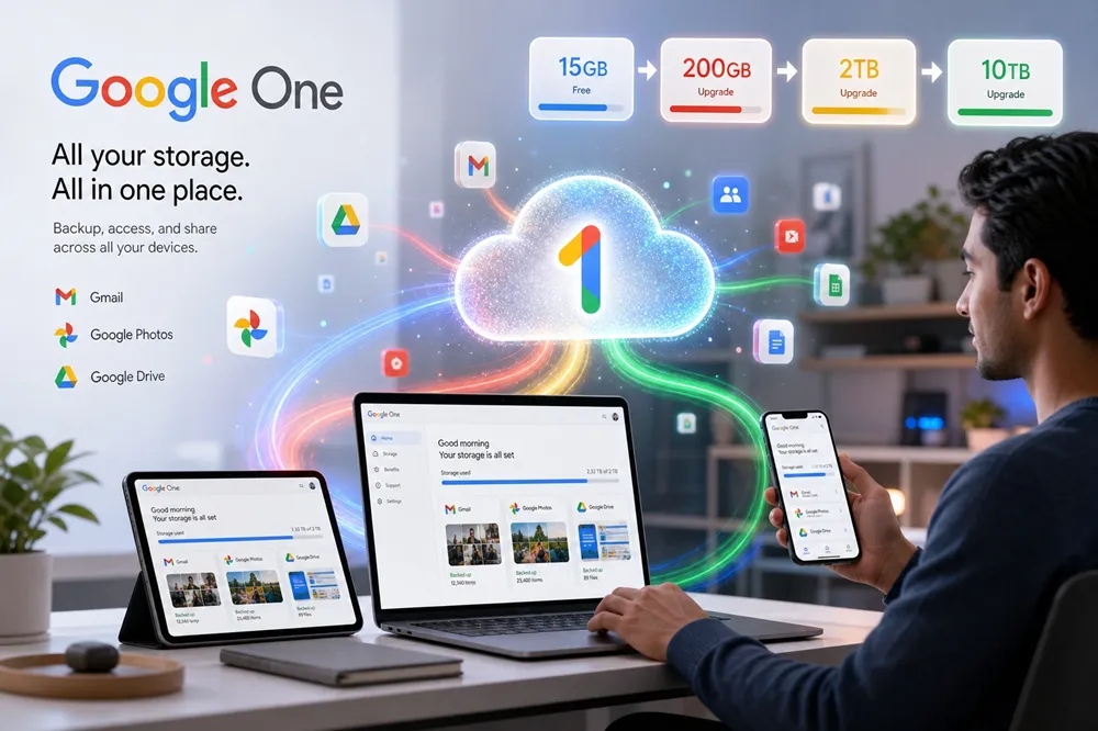 Google One - Dịch vụ lưu trữ đám mây Google chính hãng giá rẻ Dịch vụ lưu trữ đám mây Google One với Gmail, Google Photos và Google Drive đồng bộ trên mọi thiết bị, dung lượng từ 200GB đến 30TB