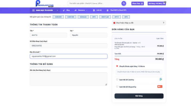 Cách mua ElevenLabs bản quyền giá rẻ tại Premium VNS bước 2
