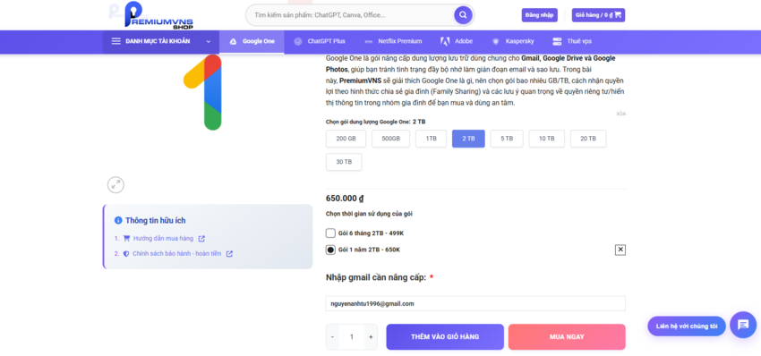 Hướng dẫn mua Google One tại Premium VNS bước 1