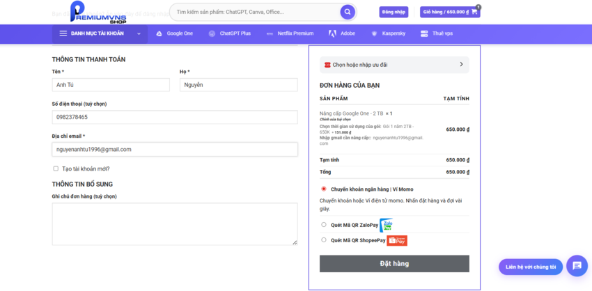 Hướng dẫn mua Google One tại Premium VNS bước 2