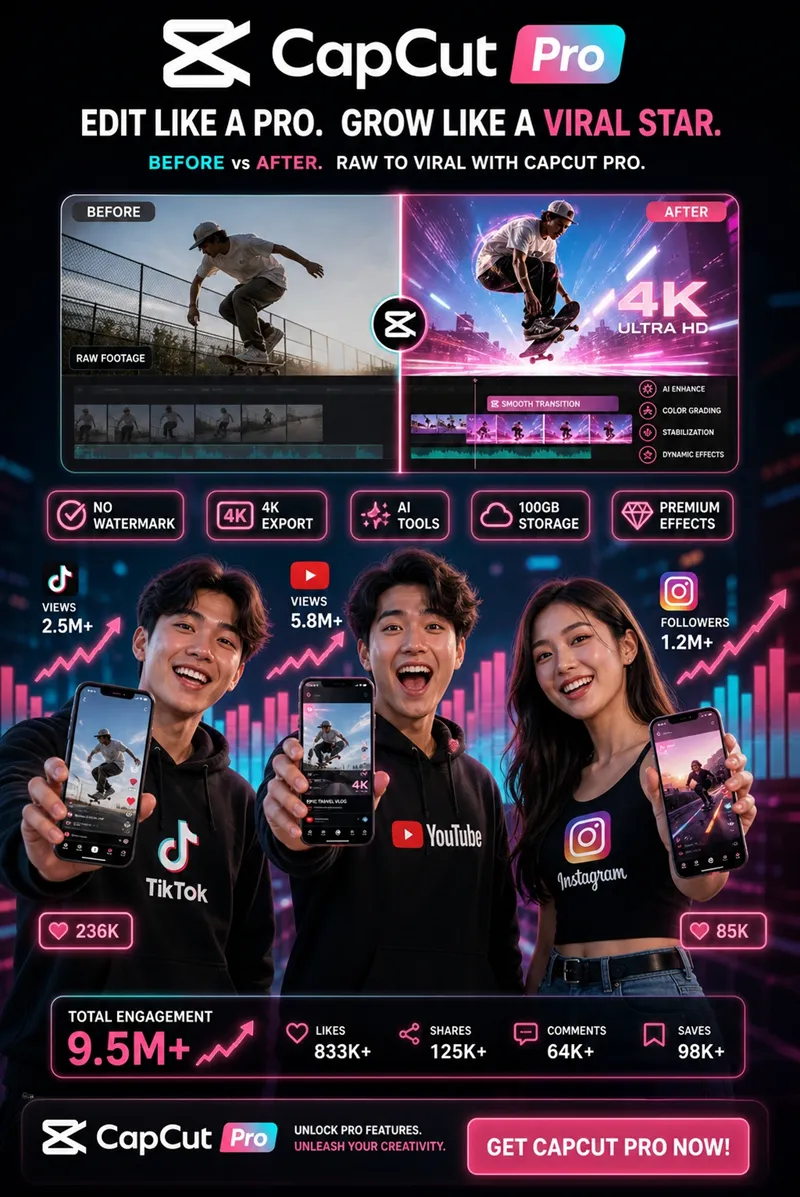 Content creator thành công với CapCut Pro: so sánh before/after video chất lượng 4K, không watermark, viral trên TikTok Reels