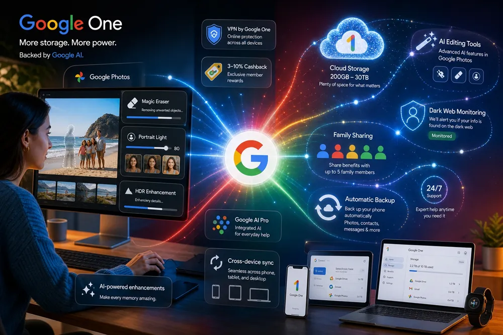 Tính năng Google One Premium - AI editing, VPN, bảo mật và Family Sharing Tính năng cao cấp Google One: Magic Eraser AI, Portrait Light, Dark Web monitoring, VPN và Google AI Pro"