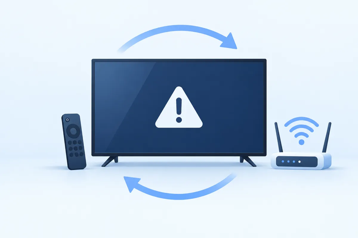 Ti vi hiện cảnh báo lỗi, điều khiển từ xa và bộ phát Wi-Fi biểu thị việc thử kết nối lại khi gặp lỗi Sling TV