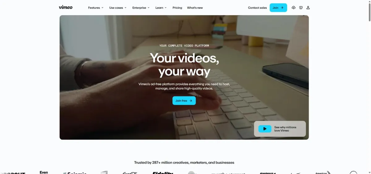 6 lý do nên dùng tài khoản Vimeo 4 Trang chủ Vimeo với dòng chữ your videos, your way và nền tảng video không quảng cáo