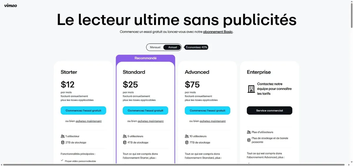 6 lý do nên dùng tài khoản Vimeo 5 Bảng giá Vimeo với các gói Starter 12 USD, Standard 25 USD, Advanced 75 USD và Enterprise