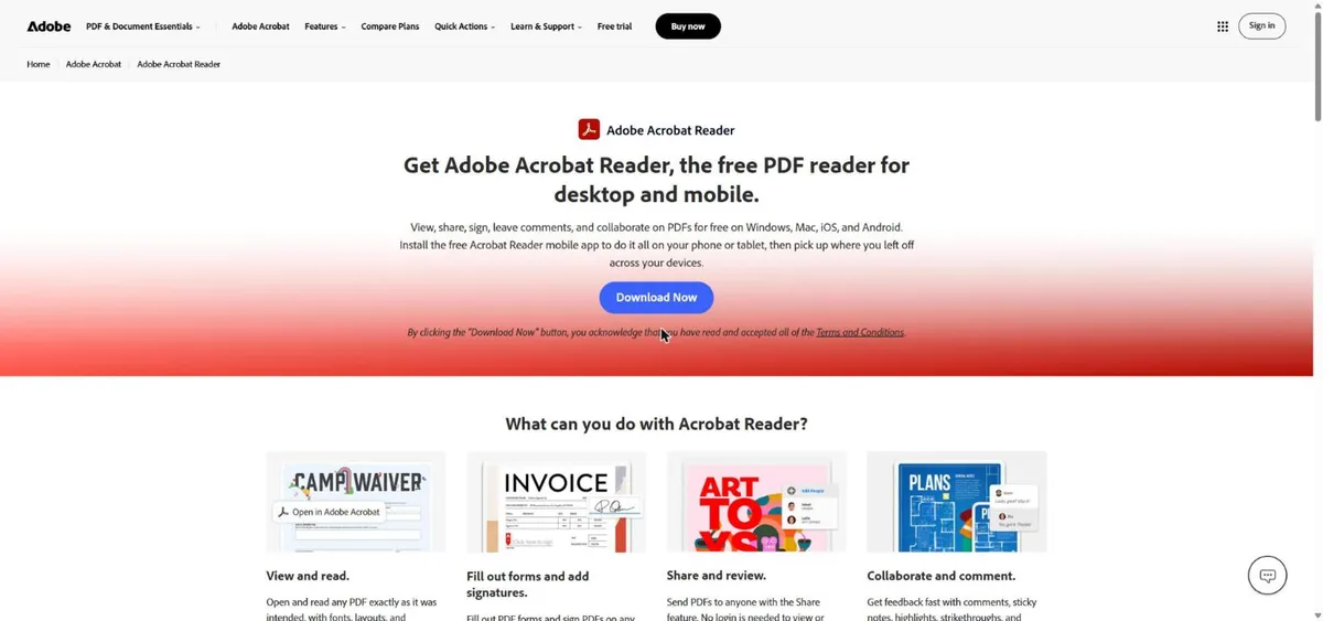 Trang Adobe Acrobat Reader, phần mềm đọc PDF miễn phí