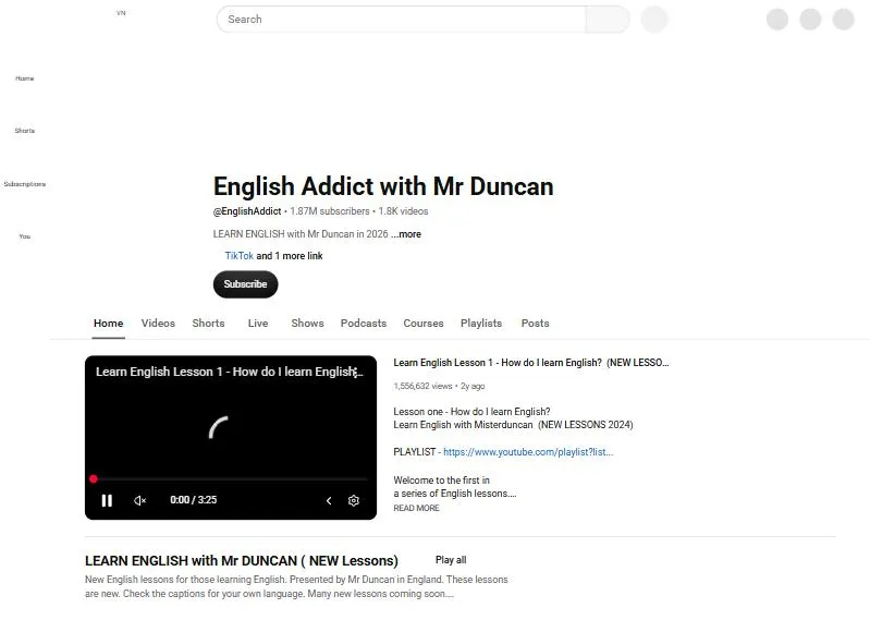 Kênh YouTube English Addict with Mr Duncan dạy tiếng Anh với khoảng 1,87 triệu người đăng ký