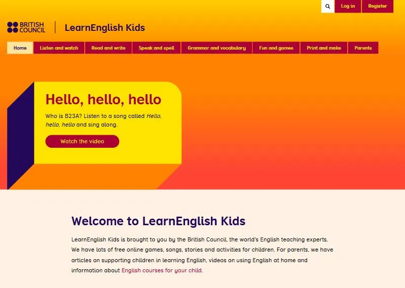 Trang chủ LearnEnglish Kids của British Council với bài hát Hello, hello, hello