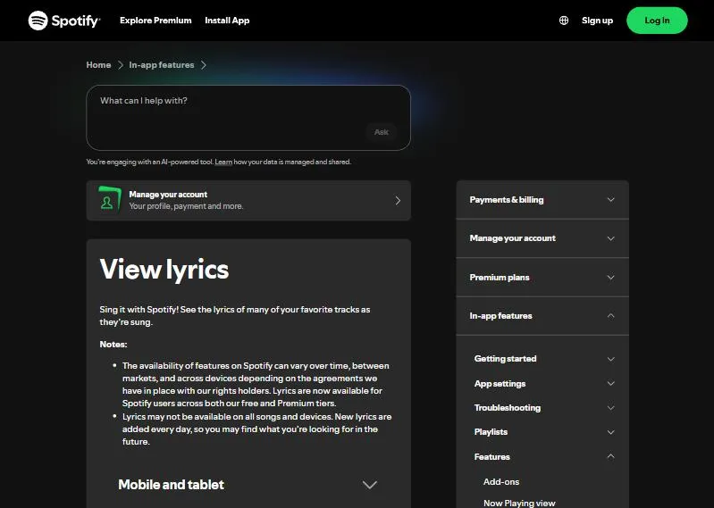 Trang trợ giúp View lyrics của Spotify: lời bài hát có cho cả tài khoản Free và Premium