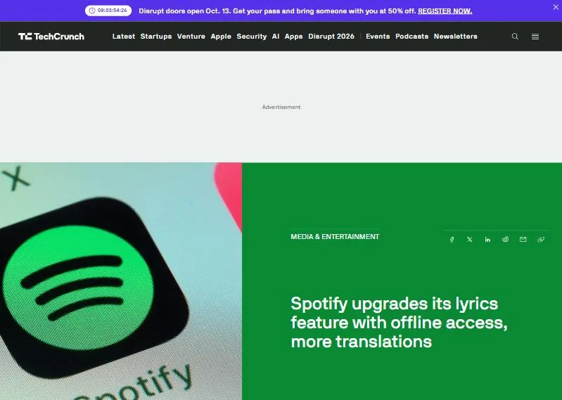 Bài TechCrunch về việc Spotify nâng cấp tính năng lời bài hát với bản dịch toàn cầu và lời ngoại tuyến