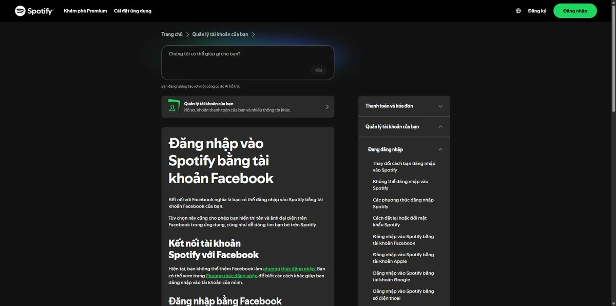 Trang trợ giúp của Spotify về đăng nhập bằng tài khoản Facebook