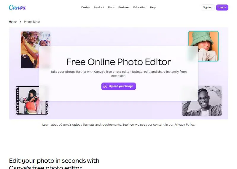 Trang Free Online Photo Editor của Canva với nút Upload your image