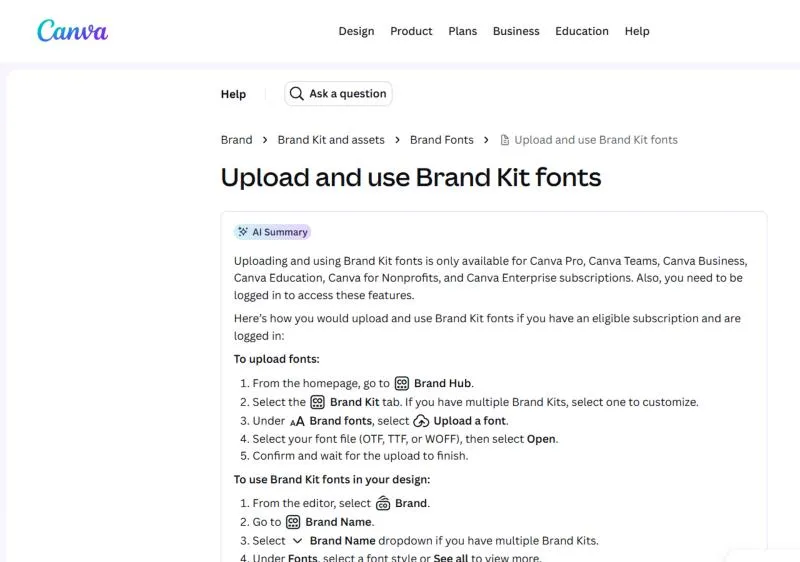 Trang trợ giúp Upload and use Brand Kit fonts của Canva: các bước tải font lên Bộ thương hiệu