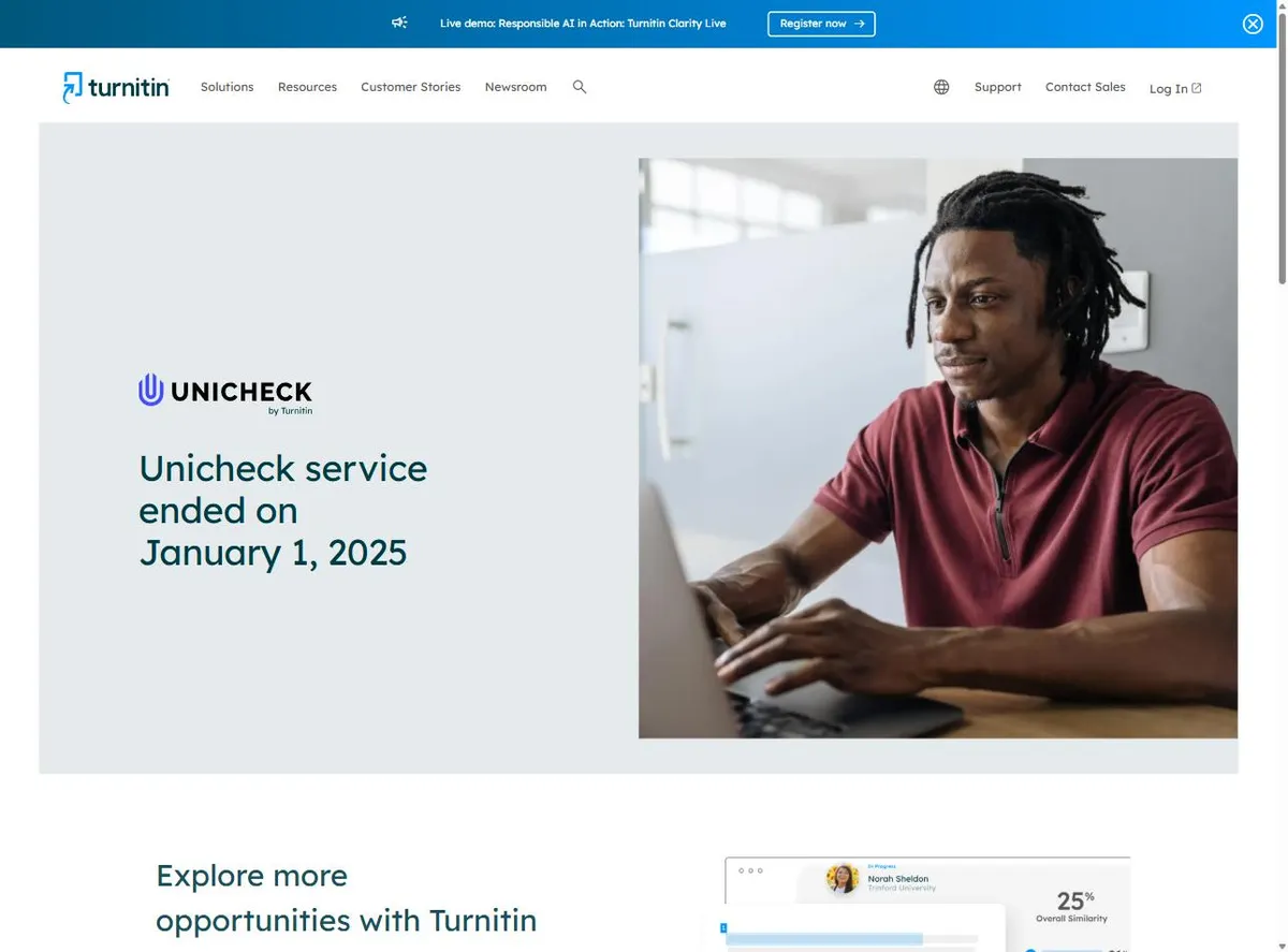 Trang Turnitin thông báo Unicheck ngừng dịch vụ và giới thiệu Turnitin Similarity