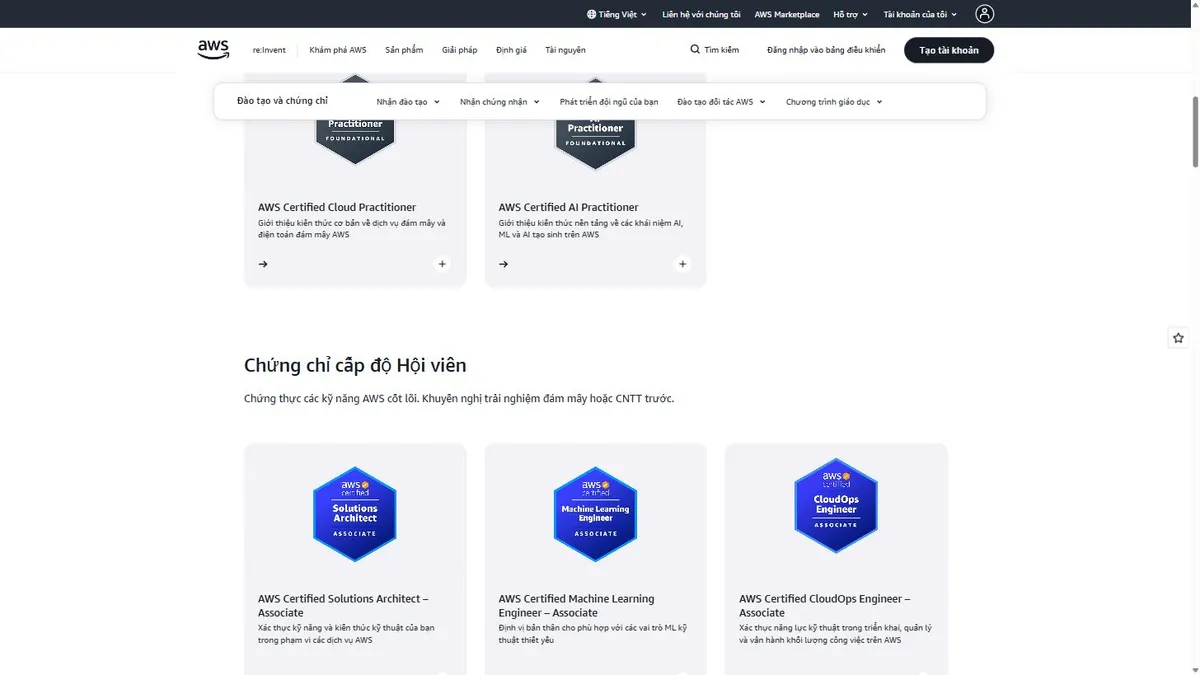 Kinh nghiệm thi chứng chỉ AWS mới nhất 2026 3 Chứng chỉ AWS cấp nền tảng và cấp hội viên trên trang chính thức của AWS