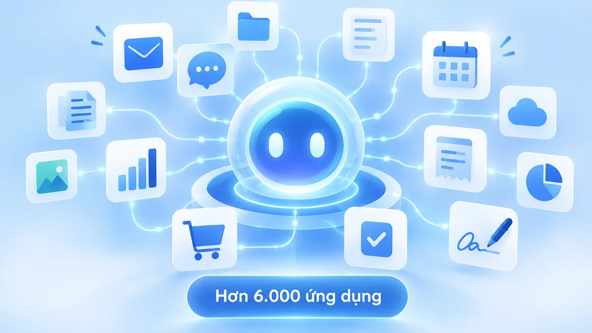 Claude Duet là gì? Tính năng và so sánh với Dots, Muse 6 Nhiều biểu tượng ứng dụng thư, chat, hoá đơn, cửa hàng nối về một trung tâm AI